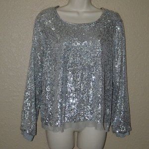 $990 Sz 2 Loyd/Ford Silver Sequin Long Sleeve Top Blouse